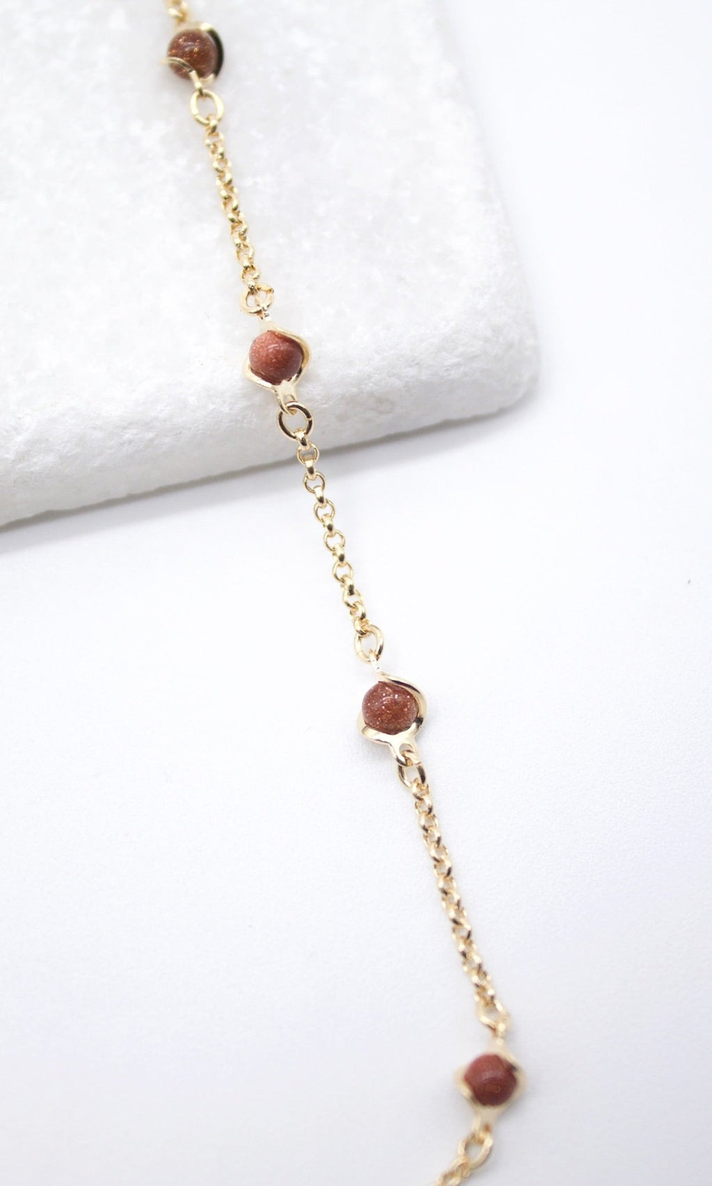 18K Gold Filled 5mm Designed Brown aventurine Bead Necklace (F221) - Black & White