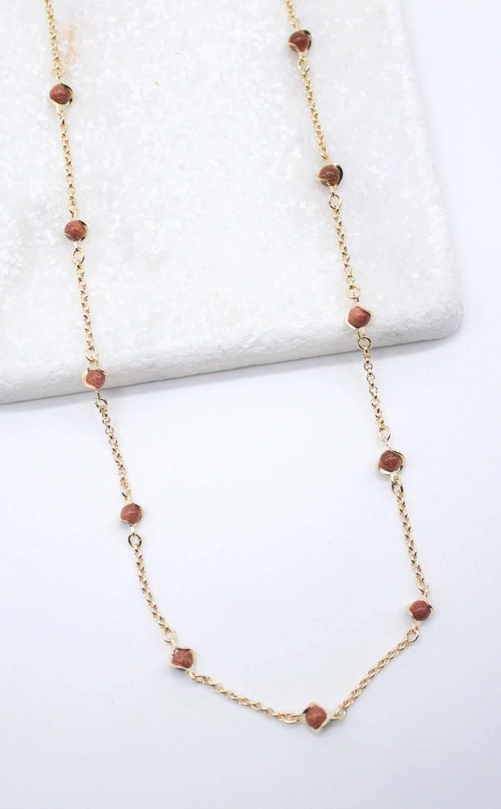 18K Gold Filled 5mm Designed Brown aventurine Bead Necklace (F221) - Black & White