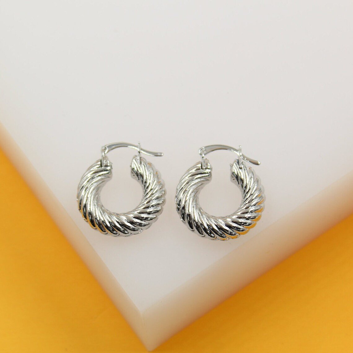 18K Gold Filled Croissant Twist Hoops Earrings (K61) - Black & White