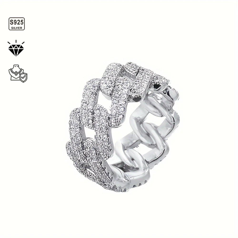 1pc S925 Sterling Silver with 5.4CT Moissanite American Street Hip Hop Cuban Ring, Unisex, Gemstone Jewelry | Gifts for Mother | - Black & White