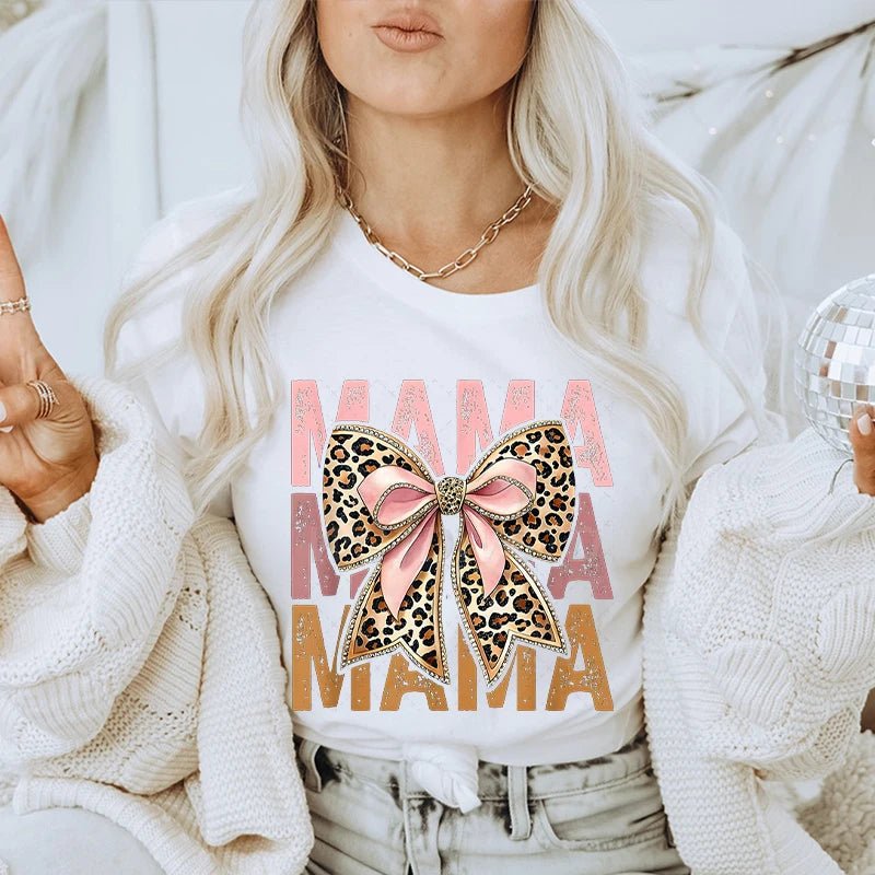 2026 Mother's Day Gifts T-shirts Vintage Bow Mama Letter Print T Shirts Aesthetics Short Sleeve Tshirts Fashion Fun Women Tops - Black & White