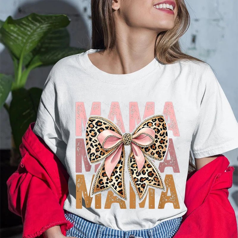 2026 Mother's Day Gifts T-shirts Vintage Bow Mama Letter Print T Shirts Aesthetics Short Sleeve Tshirts Fashion Fun Women Tops - Black & White