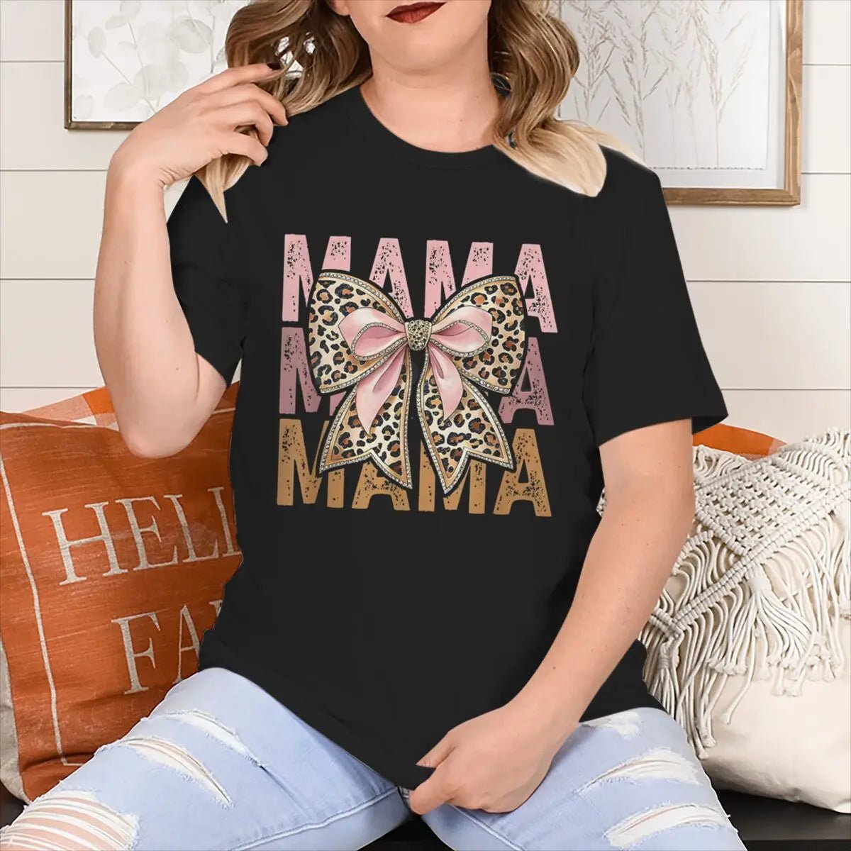2026 Mother's Day Gifts T-shirts Vintage Bow Mama Letter Print T Shirts Aesthetics Short Sleeve Tshirts Fashion Fun Women Tops - Black & White