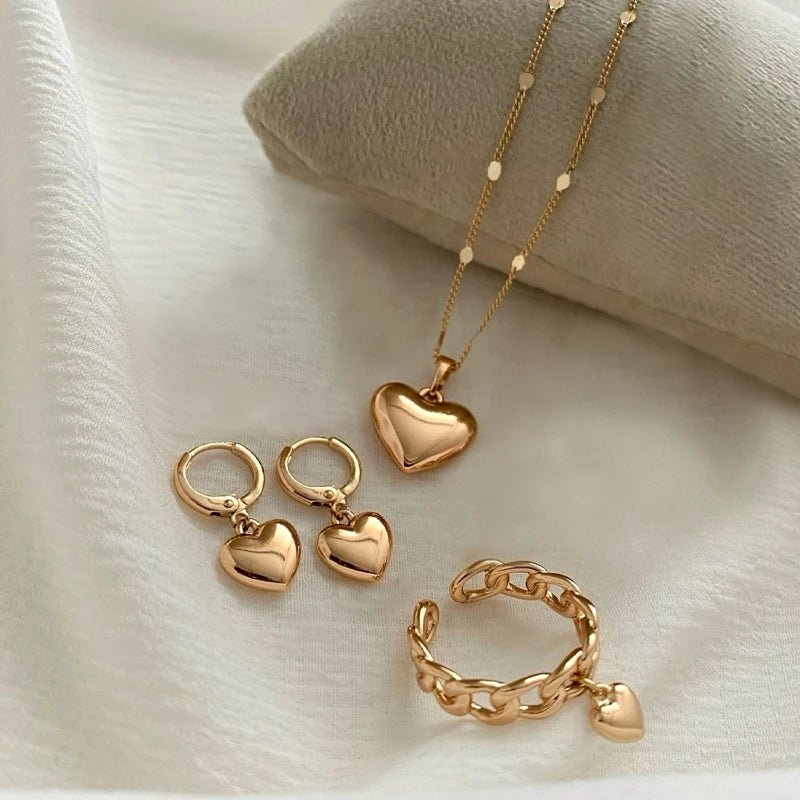 4Pcs/Set Vintage Love Heart Pendant Necklace Ring Hoop Earring for Women Simple Gold Color Smooth Jewelry Set Elegant Party Gift - Black & White