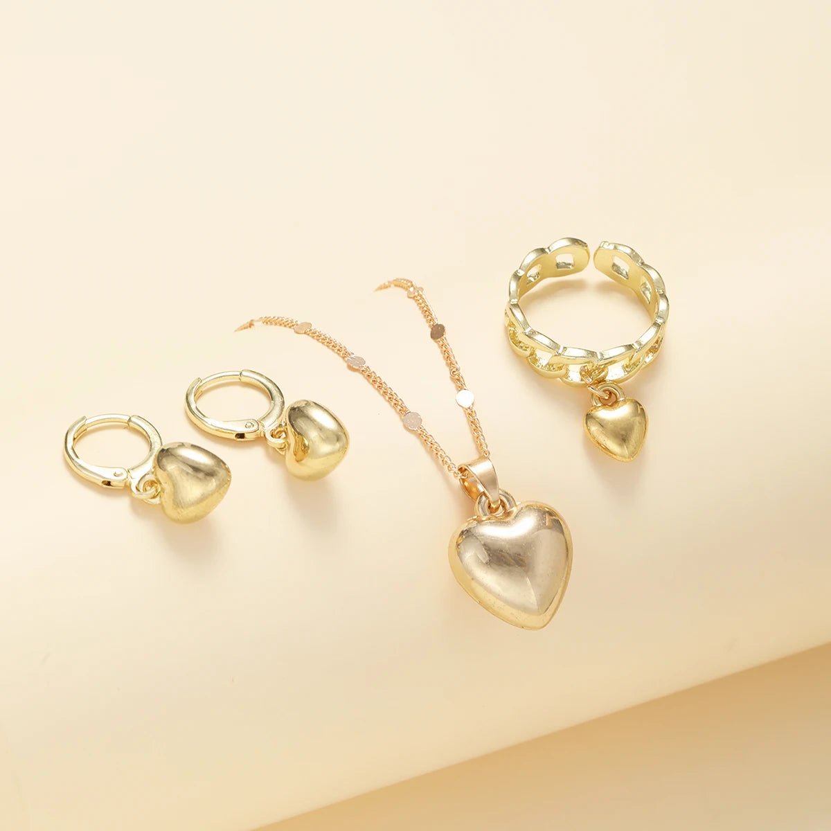 4Pcs/Set Vintage Love Heart Pendant Necklace Ring Hoop Earring for Women Simple Gold Color Smooth Jewelry Set Elegant Party Gift - Black & White