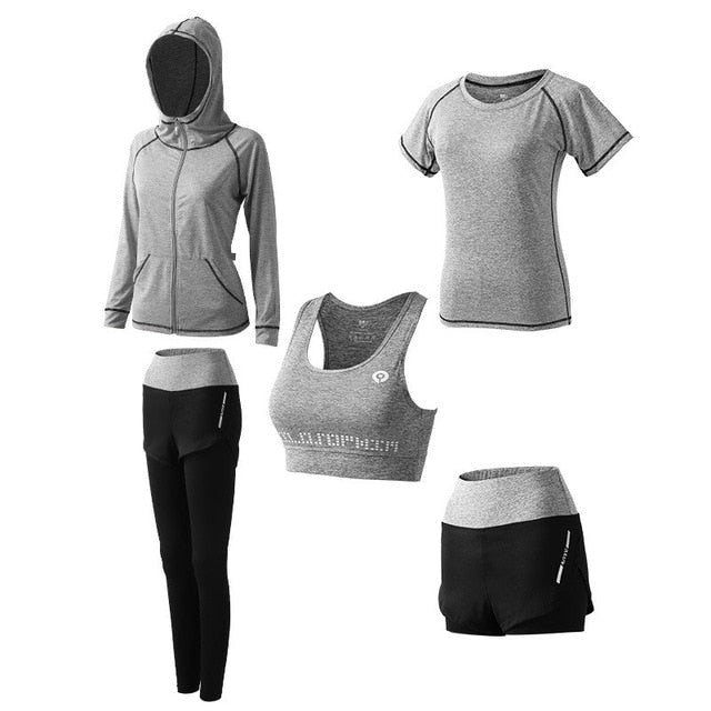 5Pcs Women's Yoga Sets Outdoor Running Yoga Quick Dry - Black & White