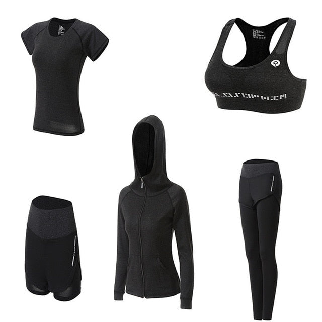 5Pcs Women's Yoga Sets Outdoor Running Yoga Quick Dry - Black & White