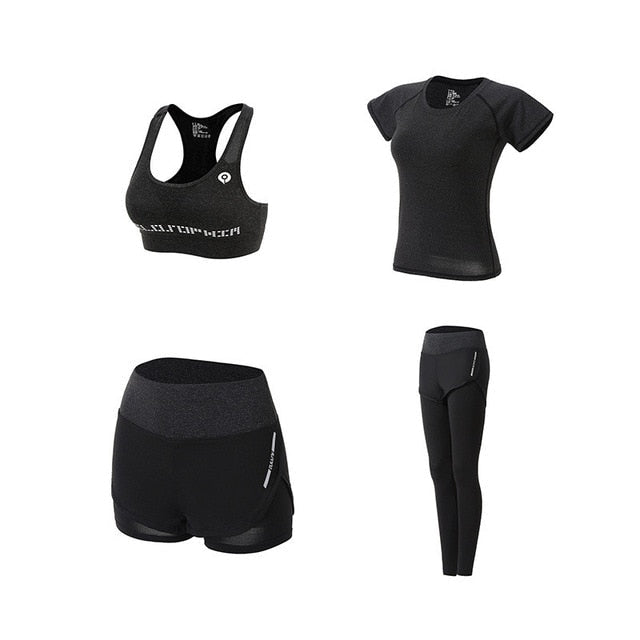 5Pcs Women's Yoga Sets Outdoor Running Yoga Quick Dry - Black & White