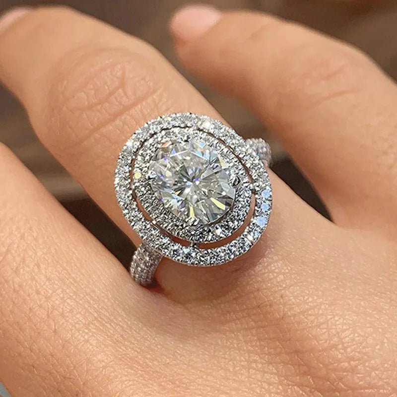 925 Sterling Silver Cubic Zirconia Oval Shaped Rings for Women High Quality Engagement Wedding Trend Eternity Jewelry - Black & White