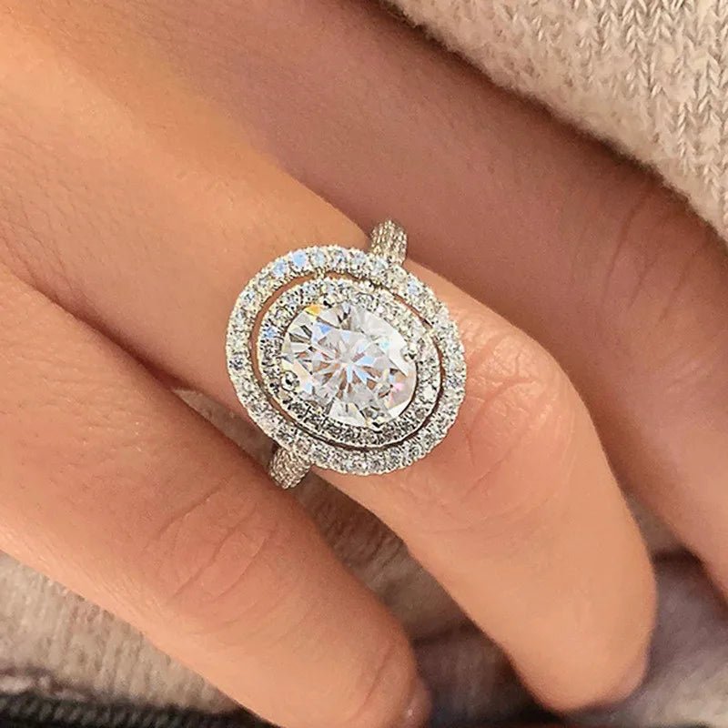 925 Sterling Silver Cubic Zirconia Oval Shaped Rings for Women High Quality Engagement Wedding Trend Eternity Jewelry - Black & White