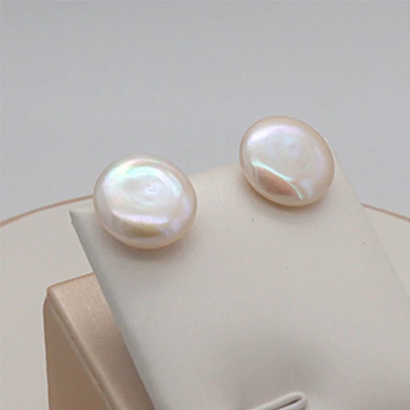 925 Sterling Silver Mounts Stud Earrings Jewelry Women Big Baroque Button Pearl Earrings Freshwater Cultured Biwa Coin Pearls - Black & White