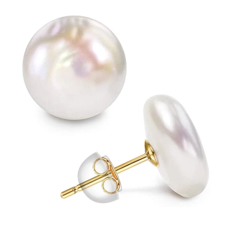 925 Sterling Silver Mounts Stud Earrings Jewelry Women Big Baroque Button Pearl Earrings Freshwater Cultured Biwa Coin Pearls - Black & White