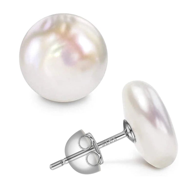 925 Sterling Silver Mounts Stud Earrings Jewelry Women Big Baroque Button Pearl Earrings Freshwater Cultured Biwa Coin Pearls - Black & White