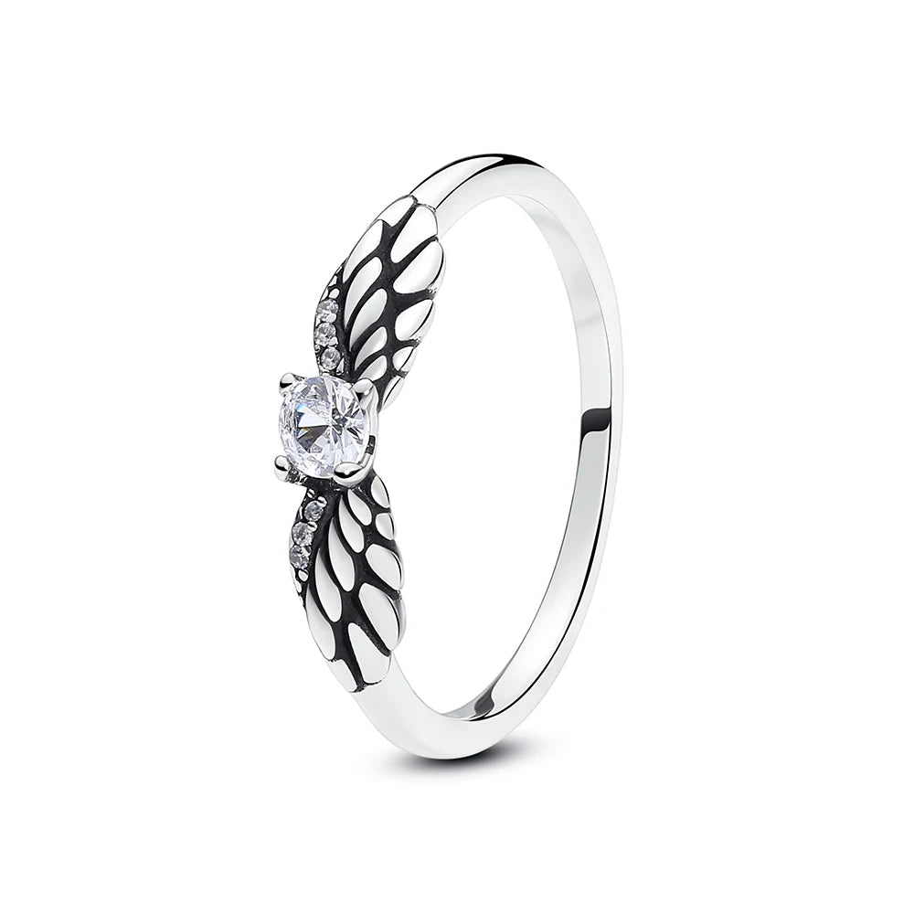 925 Sterling Silver Rings For Women Original Crown Love Heart Wishbone Engagement Wedding Rose Gold Crystal Ring Luxury Jewelry - Black & White