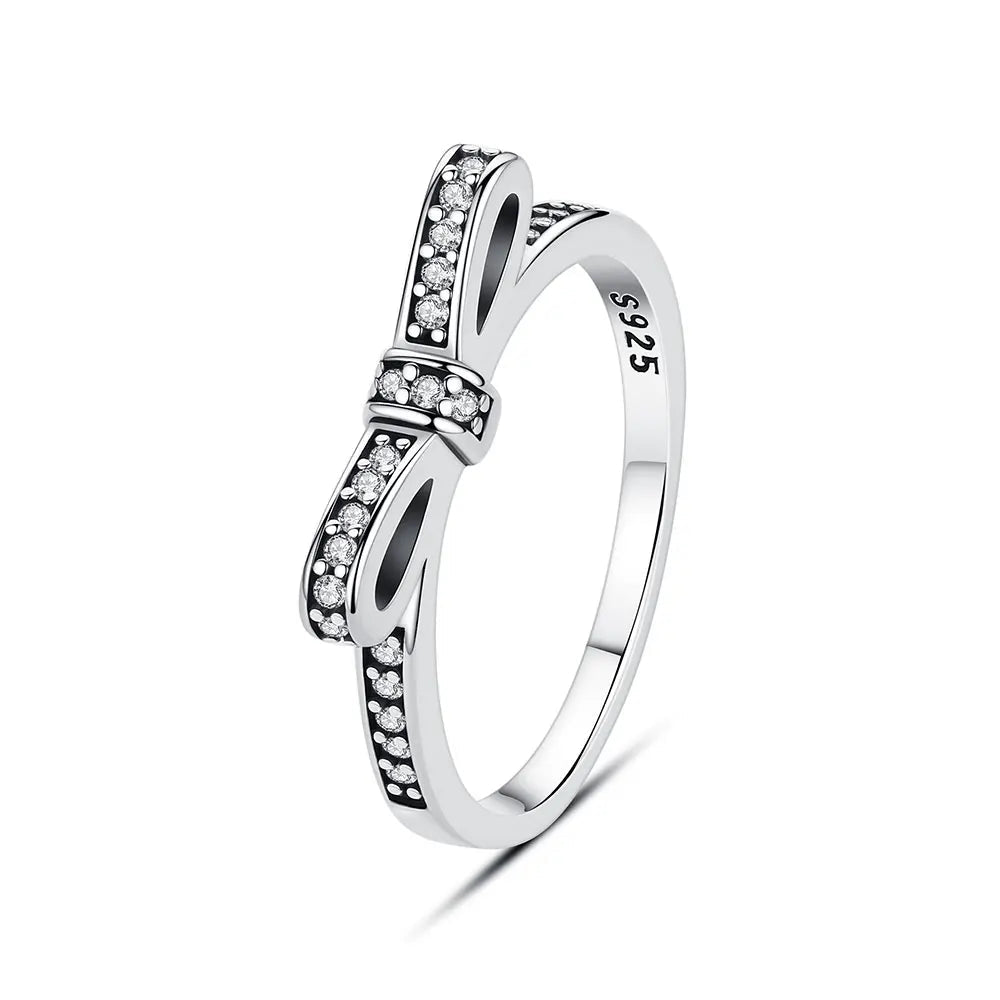 925 Sterling Silver Rings For Women Original Crown Love Heart Wishbone Engagement Wedding Rose Gold Crystal Ring Luxury Jewelry - Black & White