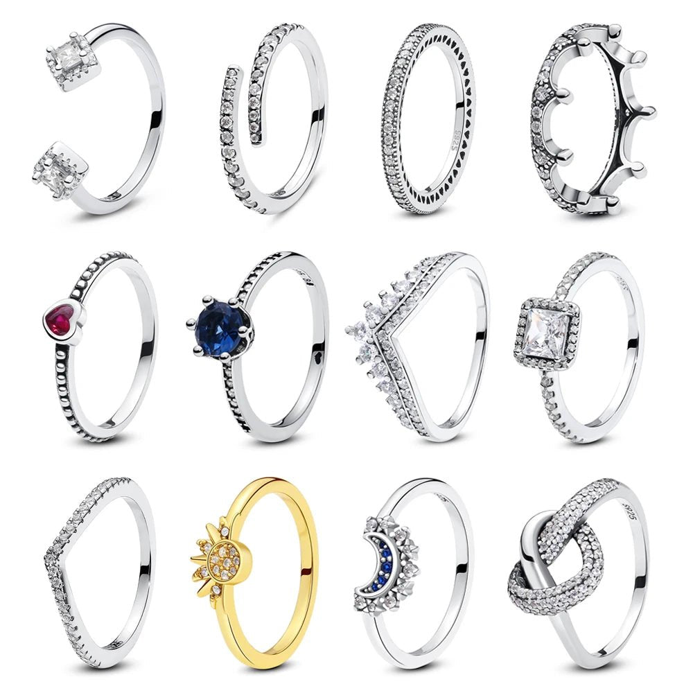 925 Sterling Silver Rings For Women Original Crown Love Heart Wishbone Engagement Wedding Rose Gold Crystal Ring Luxury Jewelry - Black & White