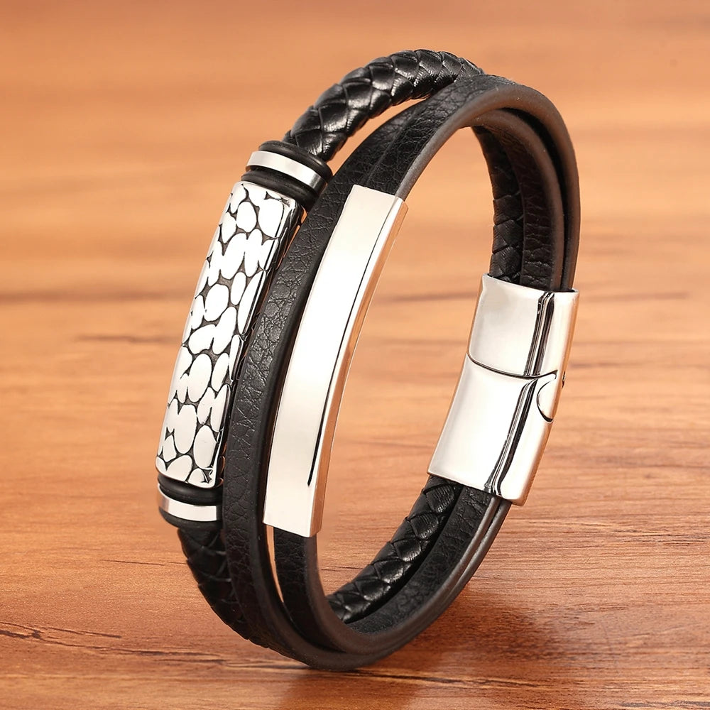 XQNI Geometric Pattern Multi-layer Accessories Black Men's Leather Bracelet Luxury Jewelry Valentine's Day Gift Free Shipping