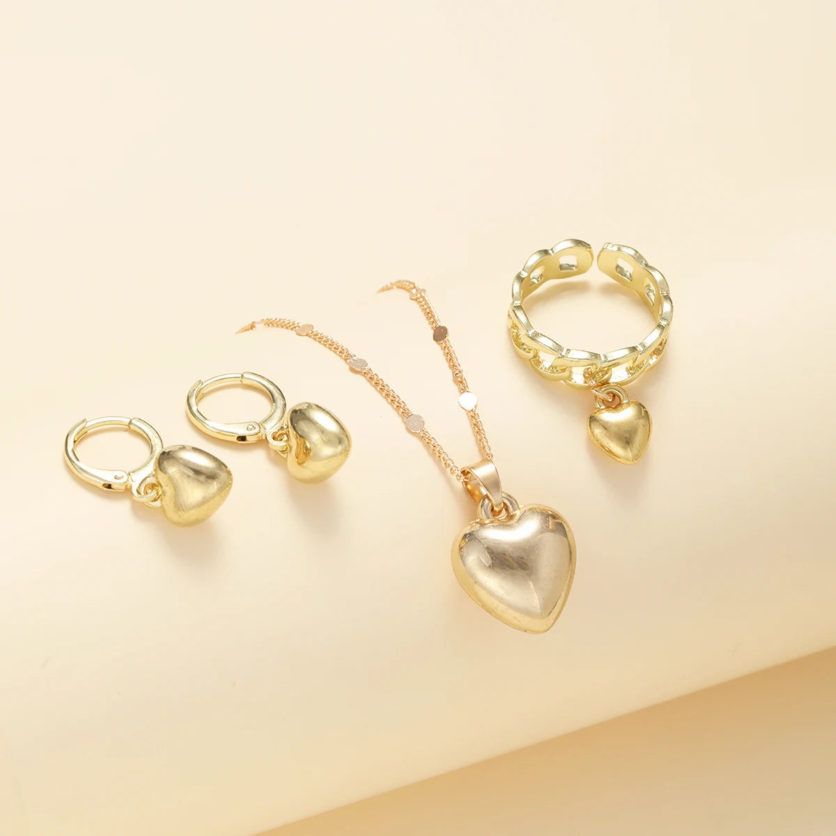 4Pcs/Set Vintage Love Heart Pendant Necklace Ring Hoop Earring for Women Simple Gold Color Smooth Jewelry Set Elegant Party Gift
