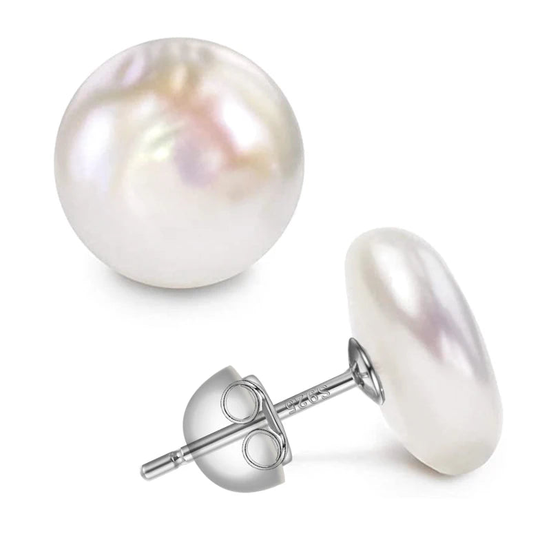 925 Sterling Silver Mounts Stud Earrings Jewelry Women Big Baroque Button Pearl Earrings Freshwater Cultured Biwa Coin Pearls