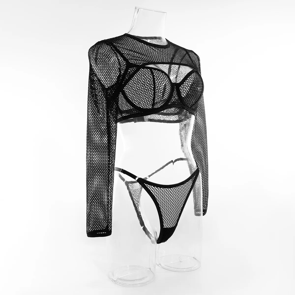 Black Mesh Hollow Out Lingerie Hot Transparent Underwear Sexy Women Lingerie Blouse Three - piece Set - Black & White