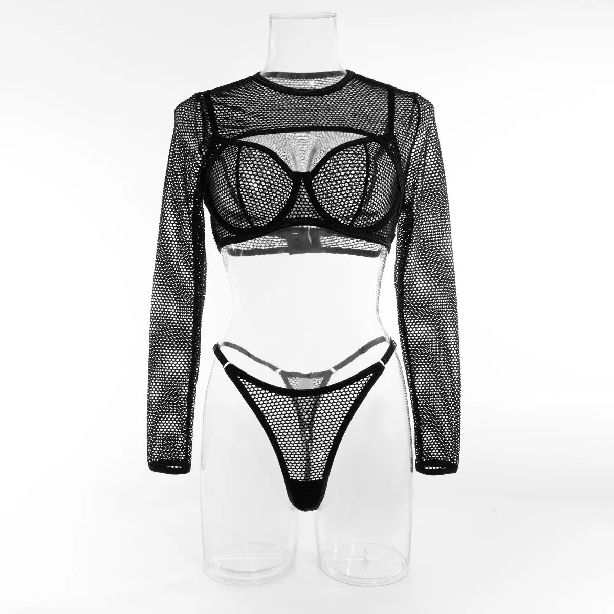 Black Mesh Hollow Out Lingerie Hot Transparent Underwear Sexy Women Lingerie Blouse Three - piece Set - Black & White