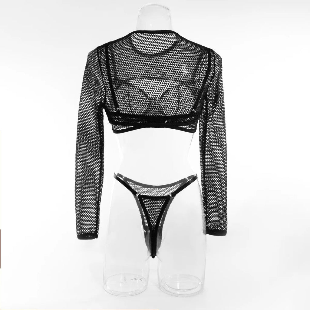Black Mesh Hollow Out Lingerie Hot Transparent Underwear Sexy Women Lingerie Blouse Three - piece Set - Black & White