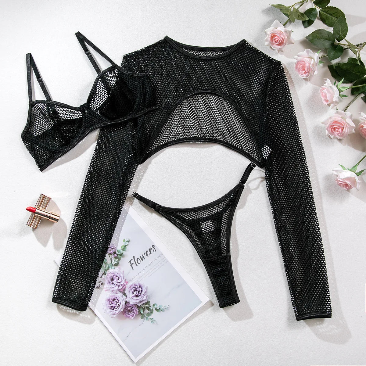 Black Mesh Hollow Out Lingerie Hot Transparent Underwear Sexy Women Lingerie Blouse Three - piece Set - Black & White
