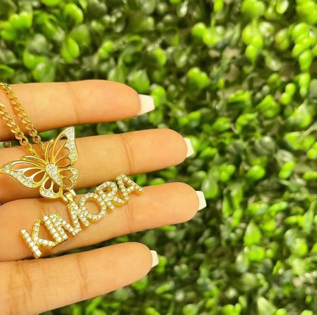 Bling Crystal Custom Name Pendant With Butterfly Crown Micro Paved CZ Personalized Letter Plate Necklace Customized Jewelry - Black & White