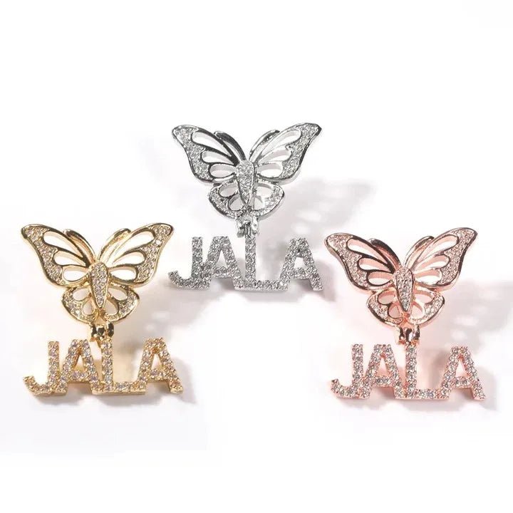 Bling Crystal Custom Name Pendant With Butterfly Crown Micro Paved CZ Personalized Letter Plate Necklace Customized Jewelry - Black & White