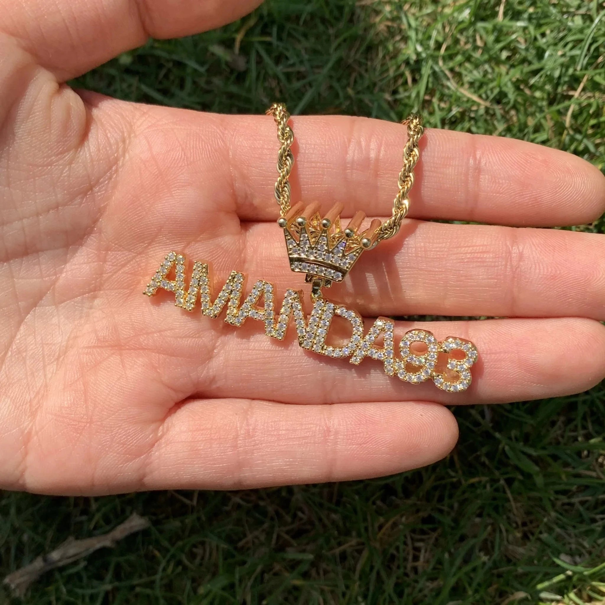 Bling Crystal Custom Name Pendant With Butterfly Crown Micro Paved CZ Personalized Letter Plate Necklace Customized Jewelry - Black & White