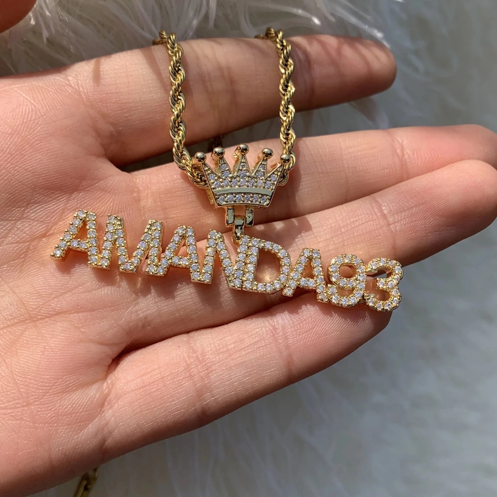 Bling Crystal Custom Name Pendant With Butterfly Crown Micro Paved CZ Personalized Letter Plate Necklace Customized Jewelry - Black & White