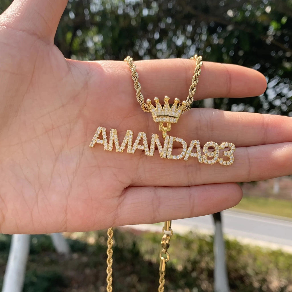 Bling Crystal Custom Name Pendant With Butterfly Crown Micro Paved CZ Personalized Letter Plate Necklace Customized Jewelry - Black & White