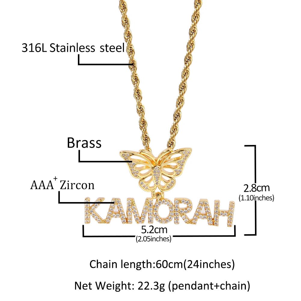 Bling Crystal Custom Name Pendant With Butterfly Crown Micro Paved CZ Personalized Letter Plate Necklace Customized Jewelry - Black & White