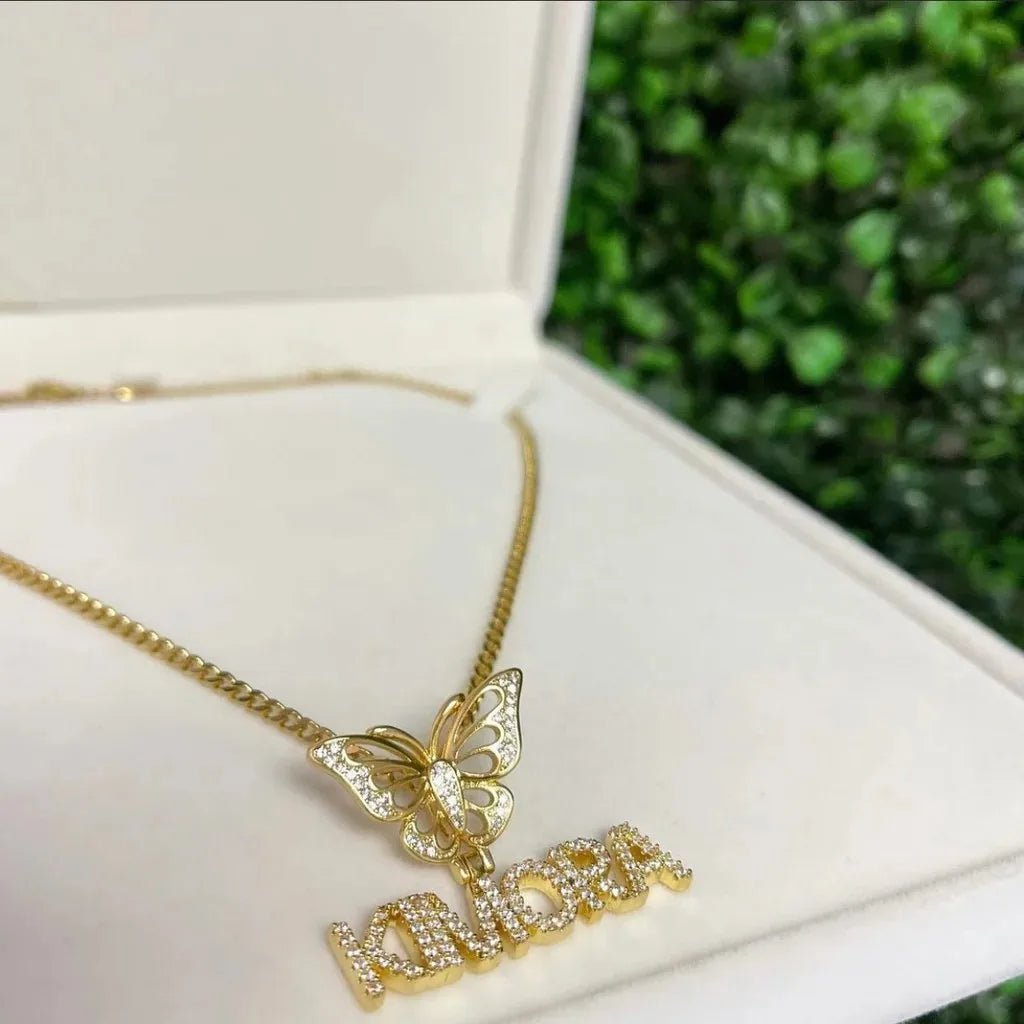 Bling Crystal Custom Name Pendant With Butterfly Crown Micro Paved CZ Personalized Letter Plate Necklace Customized Jewelry - Black & White