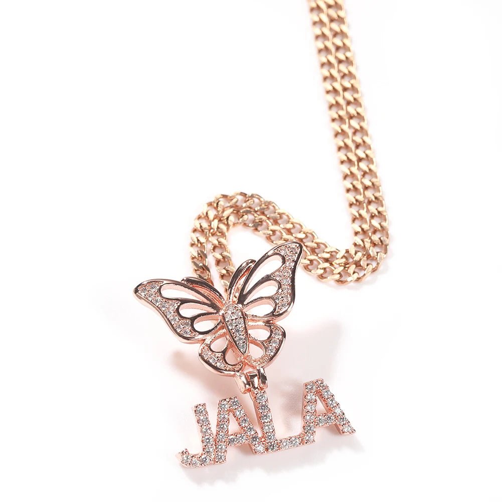 Bling Crystal Custom Name Pendant With Butterfly Crown Micro Paved CZ Personalized Letter Plate Necklace Customized Jewelry - Black & White