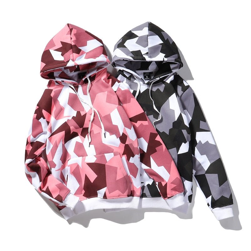 Camouflage Hooded Sweatshirts Fashion Mens Streetwear Hip Hop Skateboard Fleece Hoodies Autumn Casual Camo - Black & White