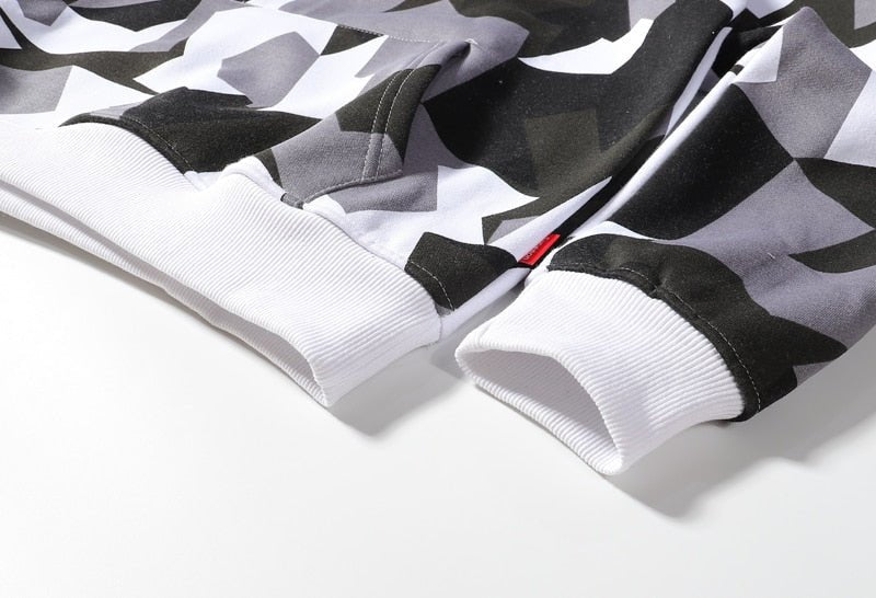 Camouflage Hooded Sweatshirts Fashion Mens Streetwear Hip Hop Skateboard Fleece Hoodies Autumn Casual Camo - Black & White