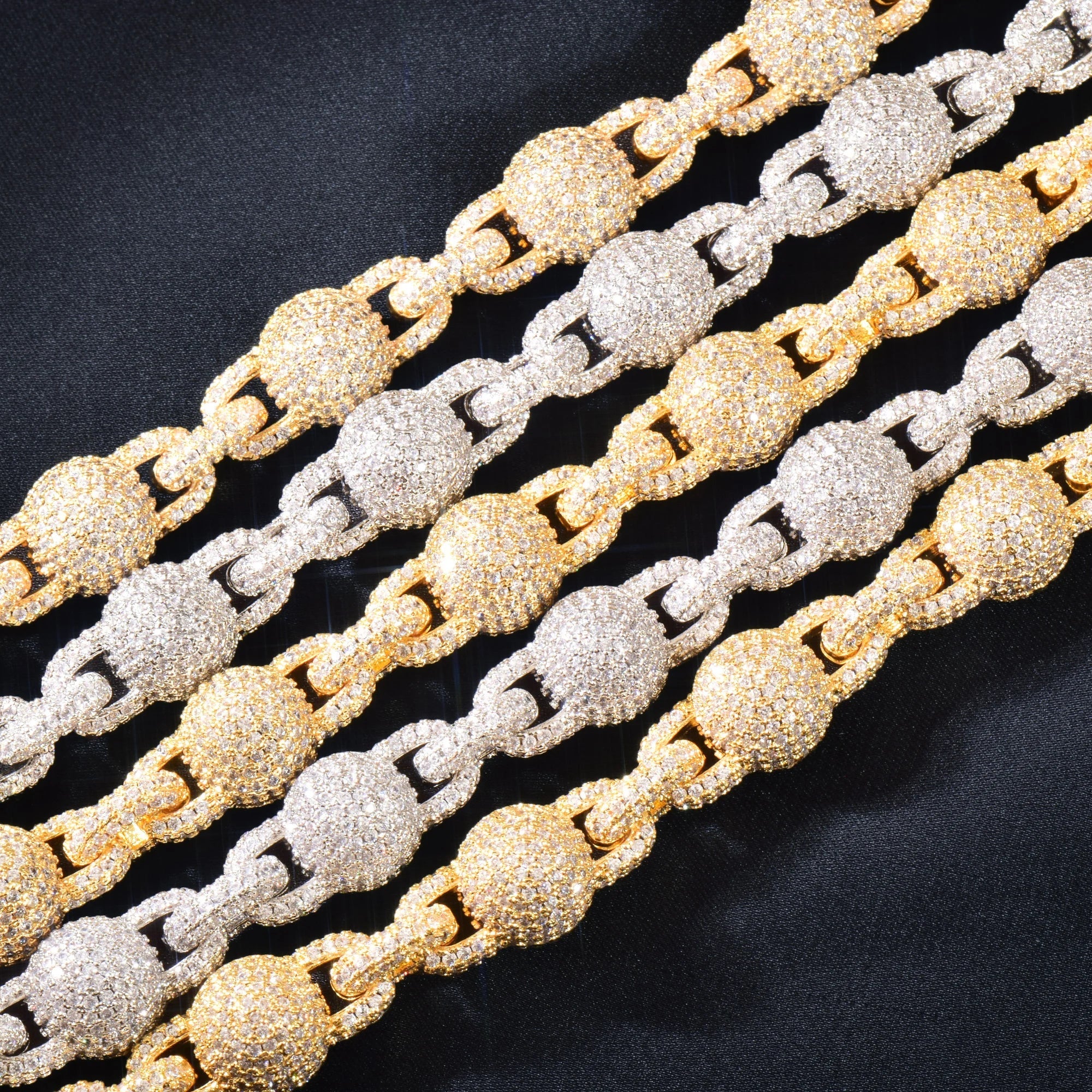 CUC 10mm Solid Bead Chain Bracelet For Men Women Full Zircon Hip Hop Link Gold Silver Color Fashion Jewelry - Black & White