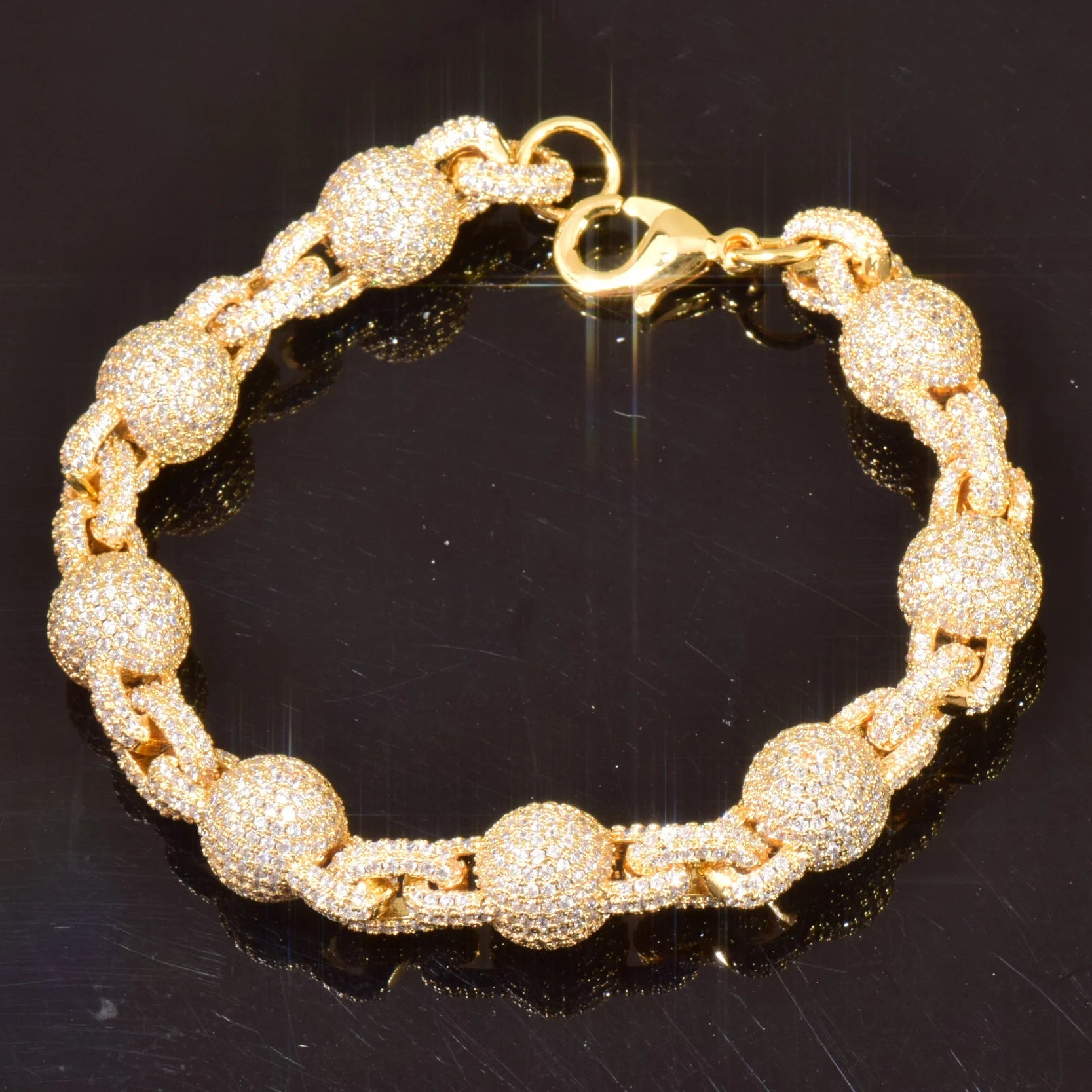 CUC 10mm Solid Bead Chain Bracelet For Men Women Full Zircon Hip Hop Link Gold Silver Color Fashion Jewelry - Black & White