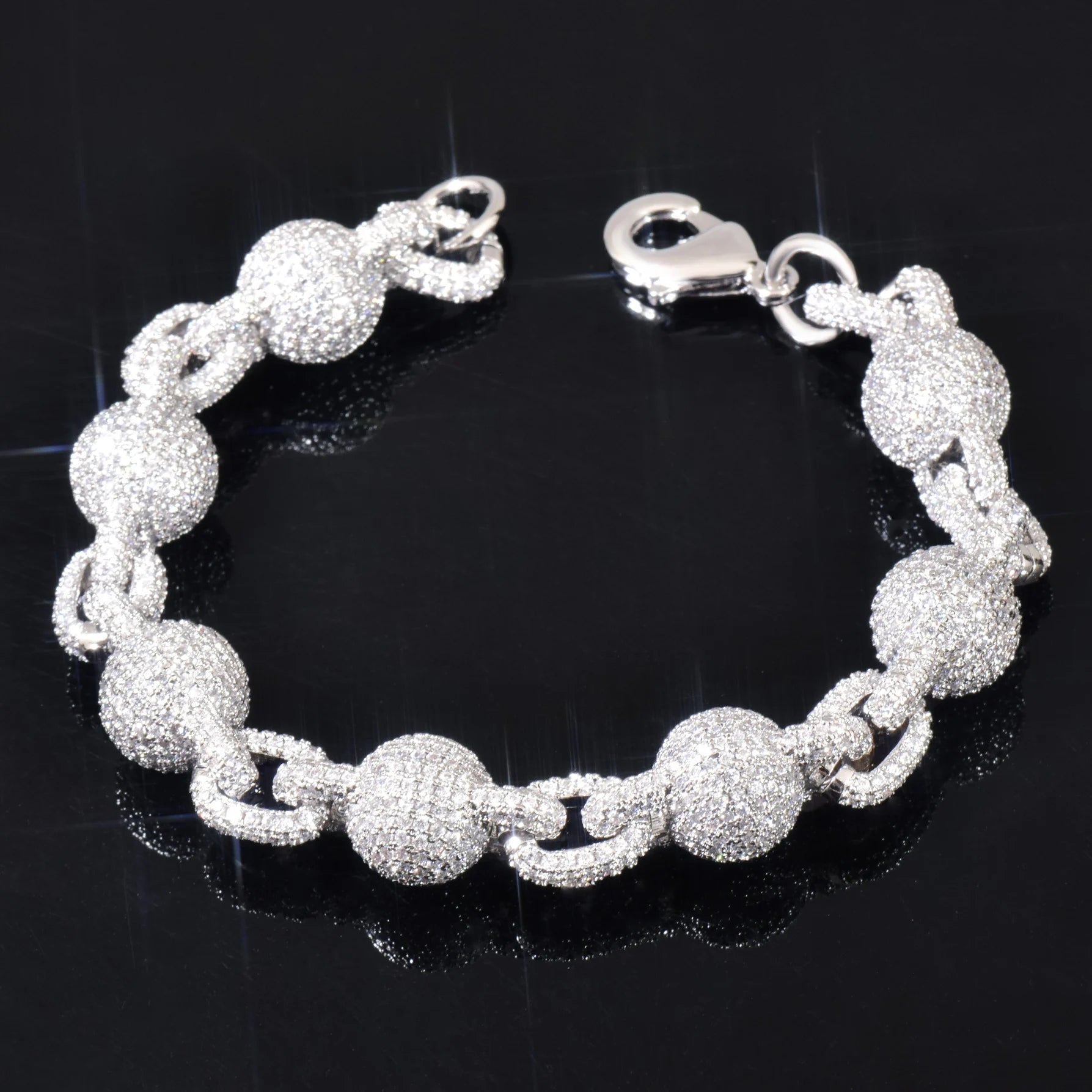 CUC 10mm Solid Bead Chain Bracelet For Men Women Full Zircon Hip Hop Link Gold Silver Color Fashion Jewelry - Black & White