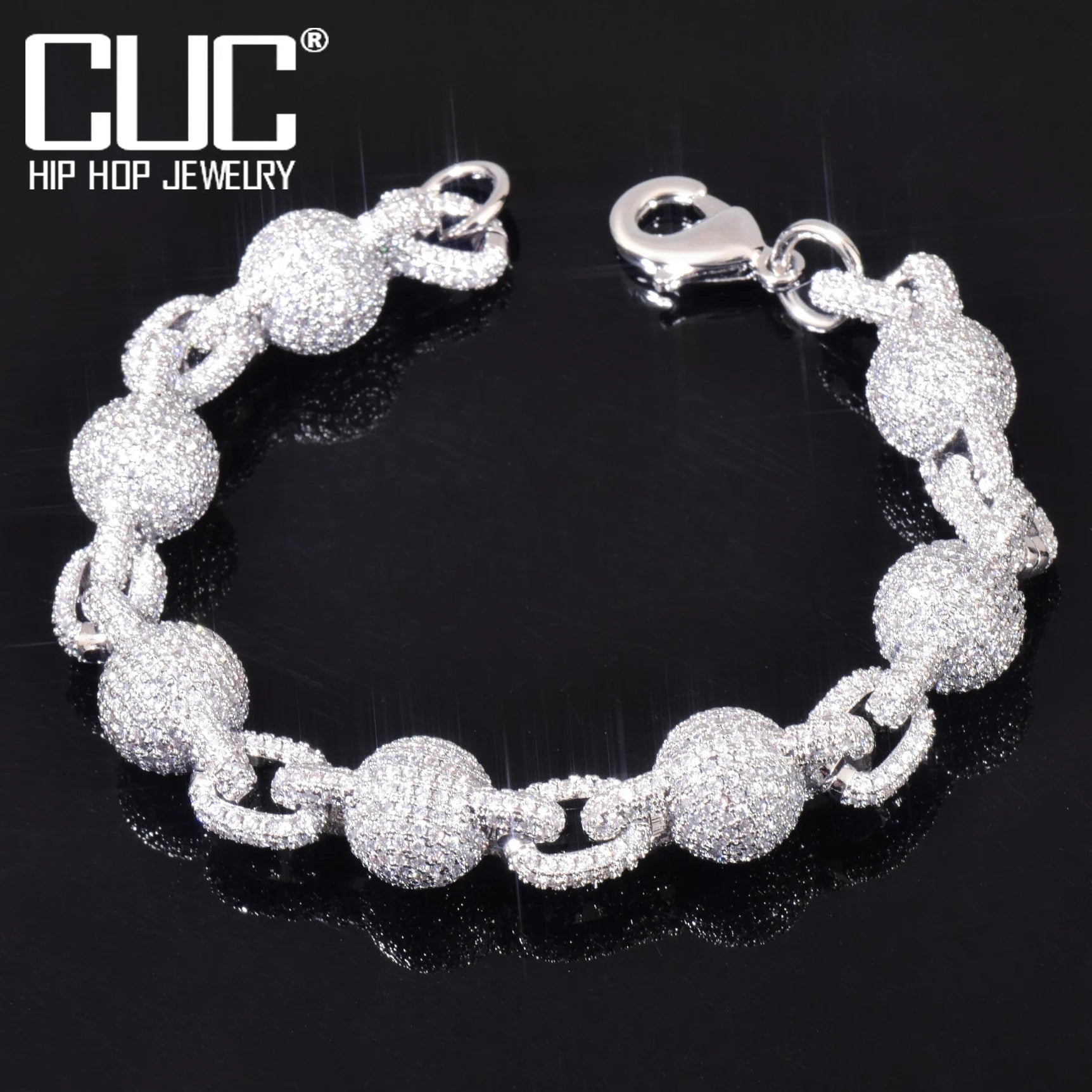 CUC 10mm Solid Bead Chain Bracelet For Men Women Full Zircon Hip Hop Link Gold Silver Color Fashion Jewelry - Black & White