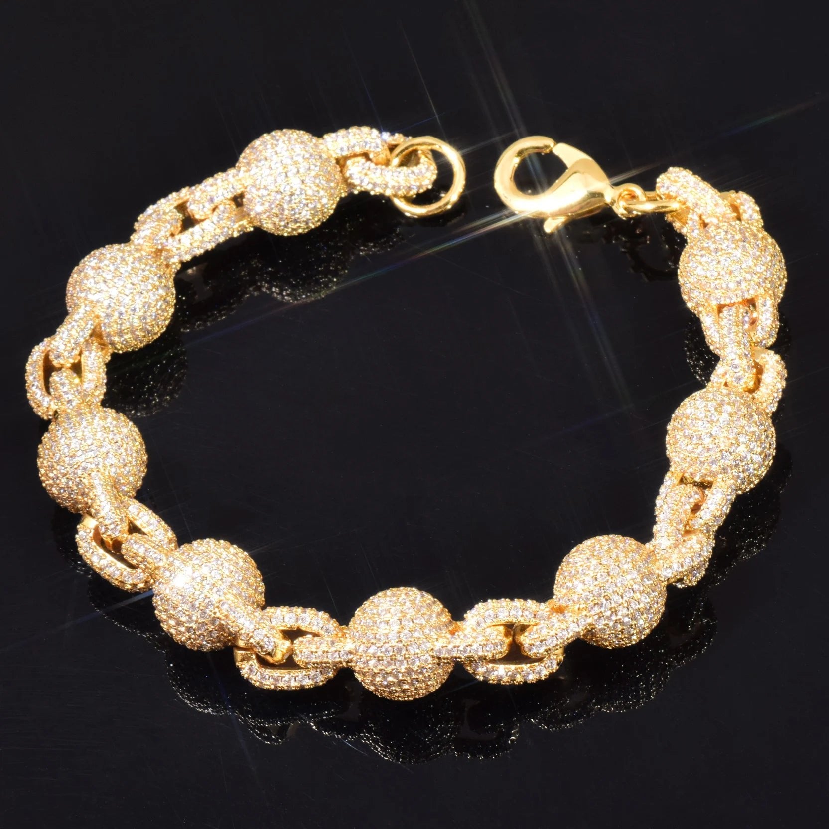 CUC 10mm Solid Bead Chain Bracelet For Men Women Full Zircon Hip Hop Link Gold Silver Color Fashion Jewelry - Black & White