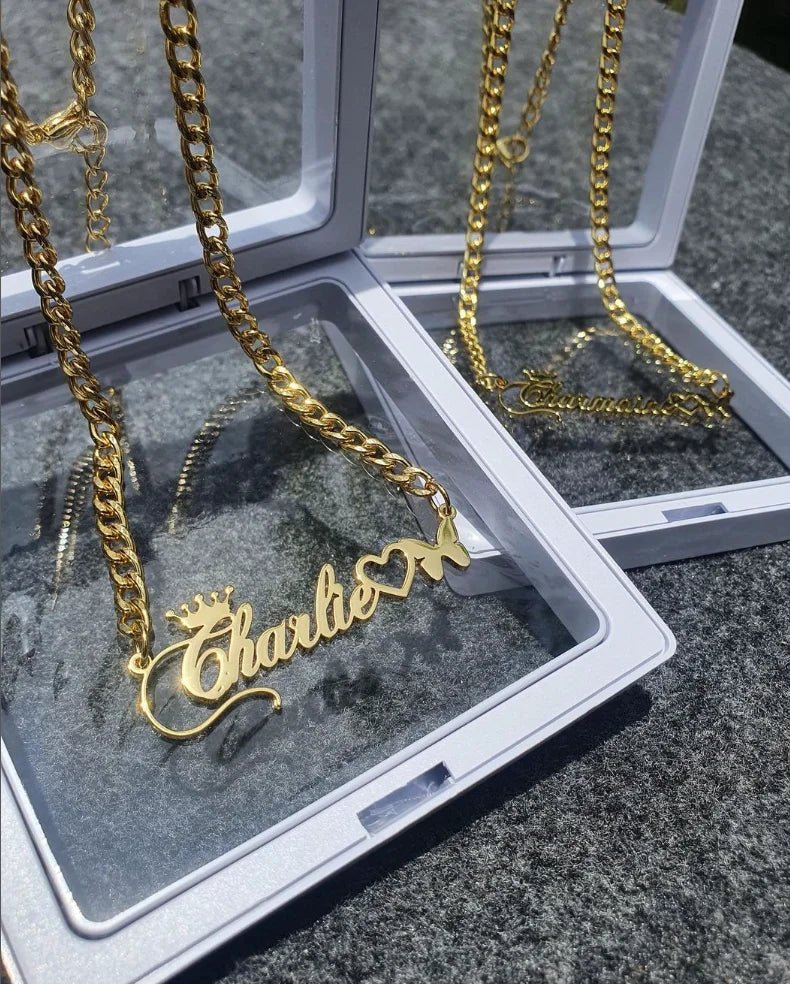 Custom Heart Crown Name Necklace Women Girl Trendy Jewelry Personalized Stainless Steel Cuban Chain Necklace Gifts For Her - Black & White