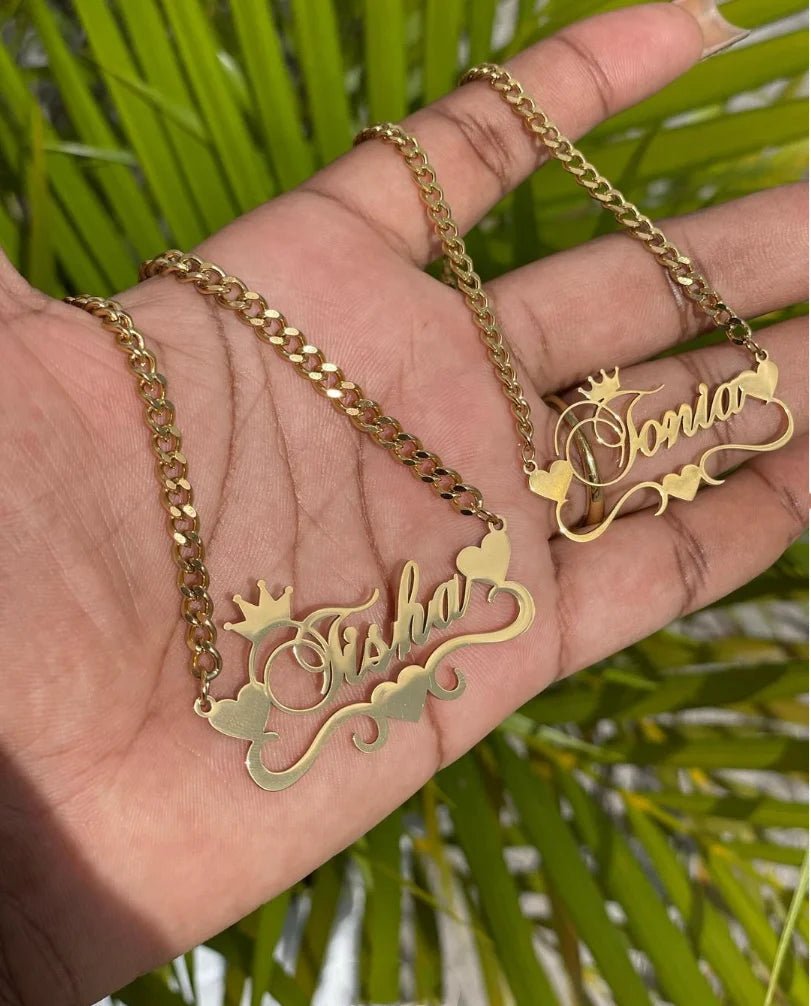 Custom Heart Crown Name Necklace Women Girl Trendy Jewelry Personalized Stainless Steel Cuban Chain Necklace Gifts For Her - Black & White