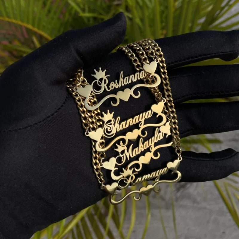 Custom Heart Crown Name Necklace Women Girl Trendy Jewelry Personalized Stainless Steel Cuban Chain Necklace Gifts For Her - Black & White