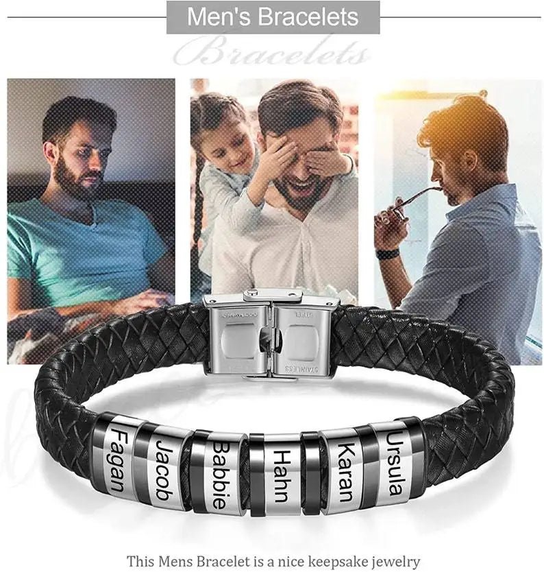 Custom Name Bracelet – Steel & Leather Gift for Fathers - Black & White