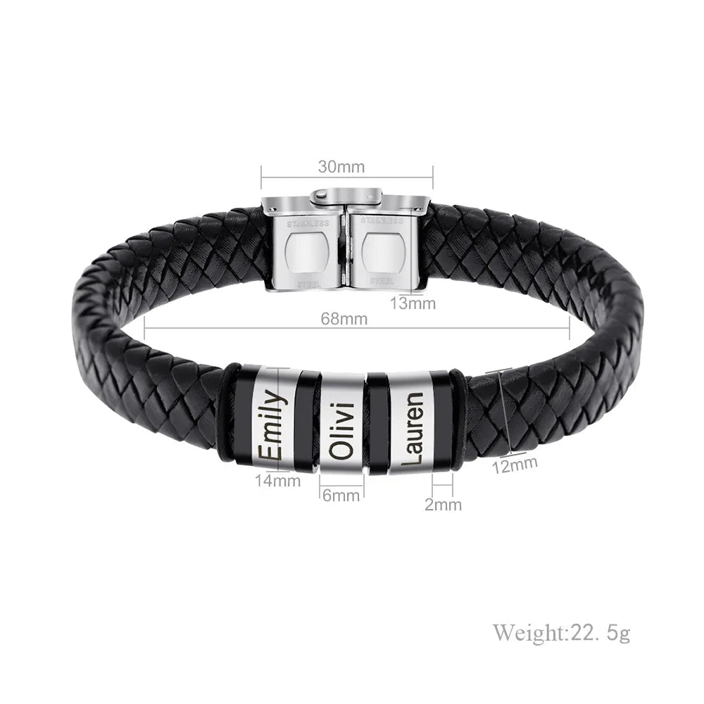 Custom Name Bracelet – Steel & Leather Gift for Fathers - Black & White