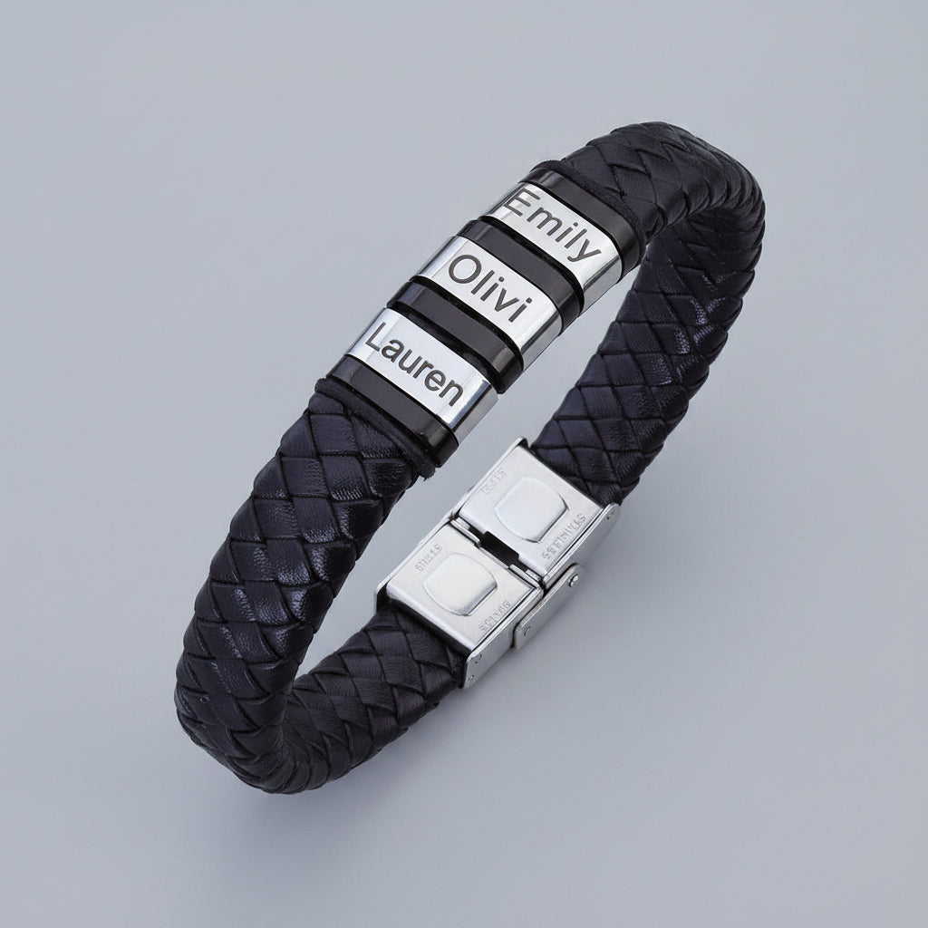 Custom Name Bracelet – Steel & Leather Gift for Fathers - Black & White