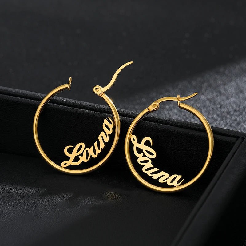 Custom Name Hoop Earrings 70mm Big round Unisex Fashion Jewelry Stainless Steel A - Z Letters Drop Earrings for Bijoux Femme - Black & White