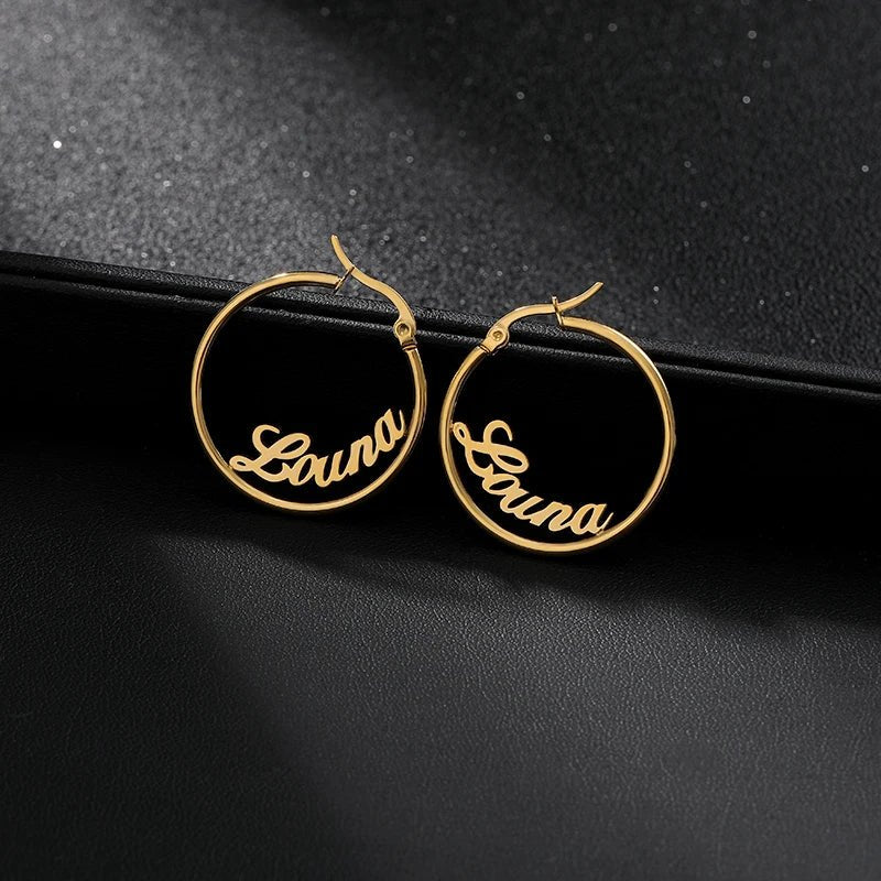 Custom Name Hoop Earrings 70mm Big round Unisex Fashion Jewelry Stainless Steel A - Z Letters Drop Earrings for Bijoux Femme - Black & White